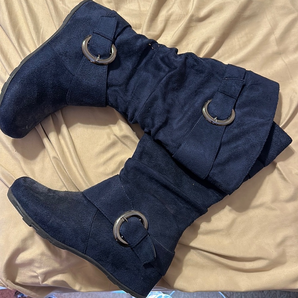 Blue knee high boots